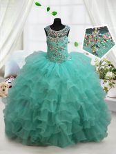  Scoop Sleeveless Beading and Ruffled Layers Lace Up Kids Pageant Dress