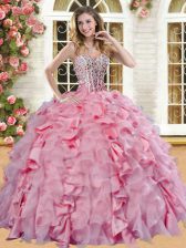 Custom Designed Pink Sweetheart Neckline Beading and Ruffles Quinceanera Dresses Sleeveless Lace Up