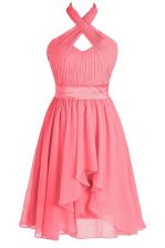 Dynamic Watermelon Red Halter Top Backless Ruching and Belt Prom Dress Sleeveless