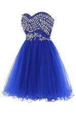 Captivating Sleeveless Tulle Mini Length Zipper Prom Evening Gown in Royal Blue with Beading