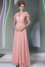  V-neck Cap Sleeves Side Zipper Prom Gown Pink Chiffon