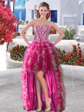 Exceptional Fuchsia Lace Up Prom Gown Beading and Ruffles Sleeveless High Low