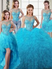  Four Piece Baby Blue Ball Gowns Tulle Scoop Sleeveless Beading and Ruffles Floor Length Lace Up Quince Ball Gowns