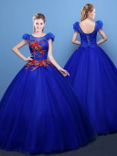  Scoop Tulle Short Sleeves Floor Length 15th Birthday Dress and Appliques