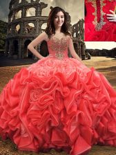 High End Sweetheart Sleeveless Lace Up Sweet 16 Dress Red Fabric With Rolling Flowers