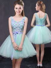 Inexpensive Apple Green A-line Organza Scoop Sleeveless Lace and Hand Made Flower Mini Length Lace Up Prom Evening Gown