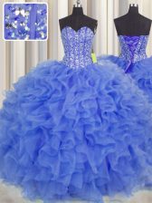  Visible Boning Blue Sleeveless Beading and Ruffles and Sashes ribbons Floor Length 15th Birthday Dress