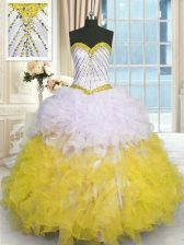 Amazing Sleeveless Organza Floor Length Lace Up Ball Gown Prom Dress in Yellow And White with Beading and Ruffles