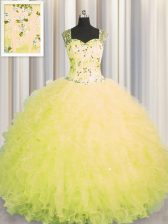 Cute See Through Zipper Up Sleeveless Tulle Floor Length Zipper Quinceanera Dresses in Yellow with Beading and Ruffles