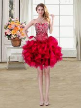  Red Lace Up Evening Dress Beading and Ruffles Sleeveless Mini Length