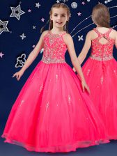  Scoop Hot Pink Ball Gowns Beading Little Girls Pageant Gowns Zipper Organza Sleeveless Floor Length