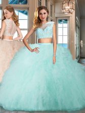 Trendy Cap Sleeves Floor Length Zipper Quinceanera Gowns Aqua Blue for Military Ball and Sweet 16 and Quinceanera with Appliques and Ruffles