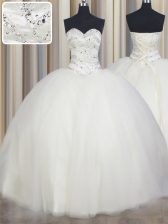 Traditional Sweetheart Sleeveless 15th Birthday Dress Floor Length Beading White Tulle