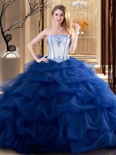 Adorable Royal Blue Ball Gowns Embroidery and Ruffled Layers Quince Ball Gowns Lace Up Tulle Sleeveless Floor Length
