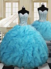 Romantic Three Piece Floor Length Ball Gowns Sleeveless Baby Blue 15th Birthday Dress Lace Up