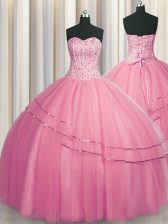  Visible Boning Big Puffy Sweetheart Sleeveless Lace Up Sweet 16 Dress Rose Pink Tulle