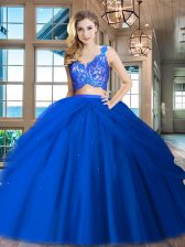 Fine Ruffled Royal Blue Sleeveless Tulle Zipper 15 Quinceanera Dress for Military Ball and Sweet 16 and Quinceanera