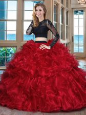  Floor Length Black and Red 15th Birthday Dress Scoop Long Sleeves Backless