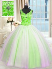 Ideal V-neck Sleeveless Quinceanera Dresses Floor Length Beading and Sequins Multi-color Tulle