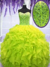 Best Selling Organza Sweetheart Sleeveless Lace Up Beading and Ruffles Quinceanera Dresses in Yellow Green