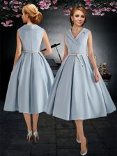 New Style Light Blue Zipper Prom Gown Belt Sleeveless Tea Length