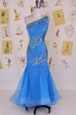 Pretty Mermaid One Shoulder Floor Length Zipper Dress for Prom Blue for Prom and Party with Beading