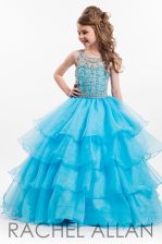  Aqua Blue Ball Gowns Bateau Sleeveless Organza Floor Length Zipper Beading and Ruffled Layers Little Girls Pageant Dress Wholesale