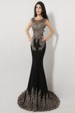  Mermaid Scoop Black Silk Like Satin Zipper Prom Evening Gown Sleeveless Floor Length Brush Train Appliques