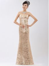 Perfect Floor Length Champagne Dress for Prom Sequined Sleeveless Appliques and Belt