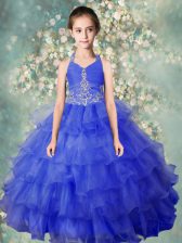 Fashion Baby Blue Ball Gowns Organza Halter Top Sleeveless Beading and Ruffled Layers Floor Length Zipper Girls Pageant Dresses