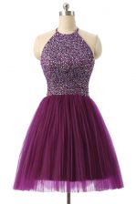  Purple A-line Tulle Halter Top Sleeveless Sequins Knee Length Zipper Homecoming Dress