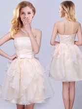  Champagne Sleeveless Lace and Ruffles and Belt Mini Length Dama Dress for Quinceanera