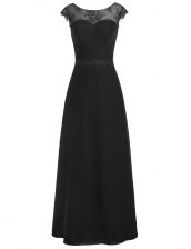  Scoop Floor Length Black Prom Evening Gown Chiffon Cap Sleeves Appliques