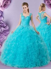 Noble Straps Tulle Sleeveless Floor Length Quinceanera Dress and Beading and Ruffles