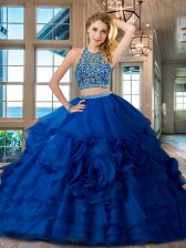  Organza Scoop Sleeveless Backless Beading and Ruffles Quinceanera Gowns in Royal Blue