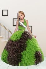  Halter Top Beading and Ruffles Pageant Gowns For Girls Apple Green and Chocolate Lace Up Sleeveless Floor Length