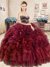 Stylish Sleeveless Organza Floor Length Lace Up Quinceanera Gowns in Wine Red with Beading and Ruffles