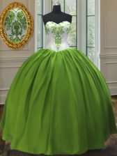 Fancy Sweetheart Sleeveless Quinceanera Dresses Floor Length Embroidery Olive Green Taffeta
