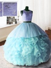 Delicate Baby Blue Ball Gowns Scoop Sleeveless Organza and Tulle and Lace With Brush Train Zipper Beading and Lace and Ruffles Vestidos de Quinceanera