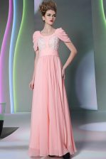  Scoop Floor Length Side Zipper Prom Party Dress Baby Pink for Prom and Party with Beading