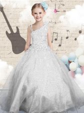 Fashionable Silver Ball Gowns Asymmetric Sleeveless Organza Floor Length Lace Up Beading and Appliques and Hand Made Flower Little Girls Pageant Gowns