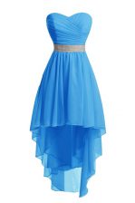 Sleeveless Organza High Low Lace Up Prom Gown in Baby Blue with Belt