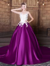  Eggplant Purple Ball Gowns Scoop Sleeveless Elastic Woven Satin With Train Court Train Lace Up Lace and Appliques Sweet 16 Dresses