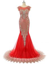 Classical Scoop Red Satin Zipper Prom Party Dress Sleeveless Brush Train Beading and Lace