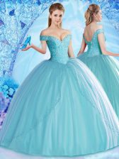 Colorful Off the Shoulder Sleeveless Floor Length Beading Lace Up Quinceanera Gown with Aqua Blue