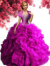  Fuchsia Lace Up Sweetheart Beading and Ruffles Quince Ball Gowns Organza Sleeveless