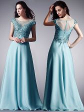  Scoop Floor Length Light Blue Prom Dresses Chiffon Cap Sleeves Appliques