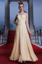 Luxurious Beading and Ruching Prom Dresses Light Yellow Side Zipper Sleeveless Floor Length