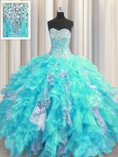 Dramatic Sequins Visible Boning Ball Gowns Quinceanera Gown Aqua Blue Sweetheart Organza and Sequined Sleeveless Floor Length Lace Up