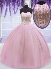  Sleeveless Floor Length Beading Lace Up 15th Birthday Dress with Baby Pink
